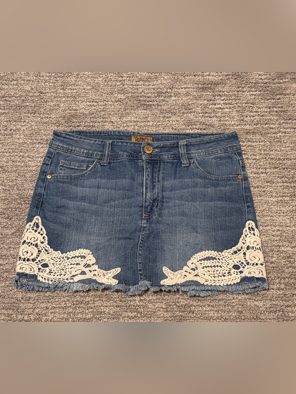 Celebrity Pink Denim Shorts with Cream Crochet Trim